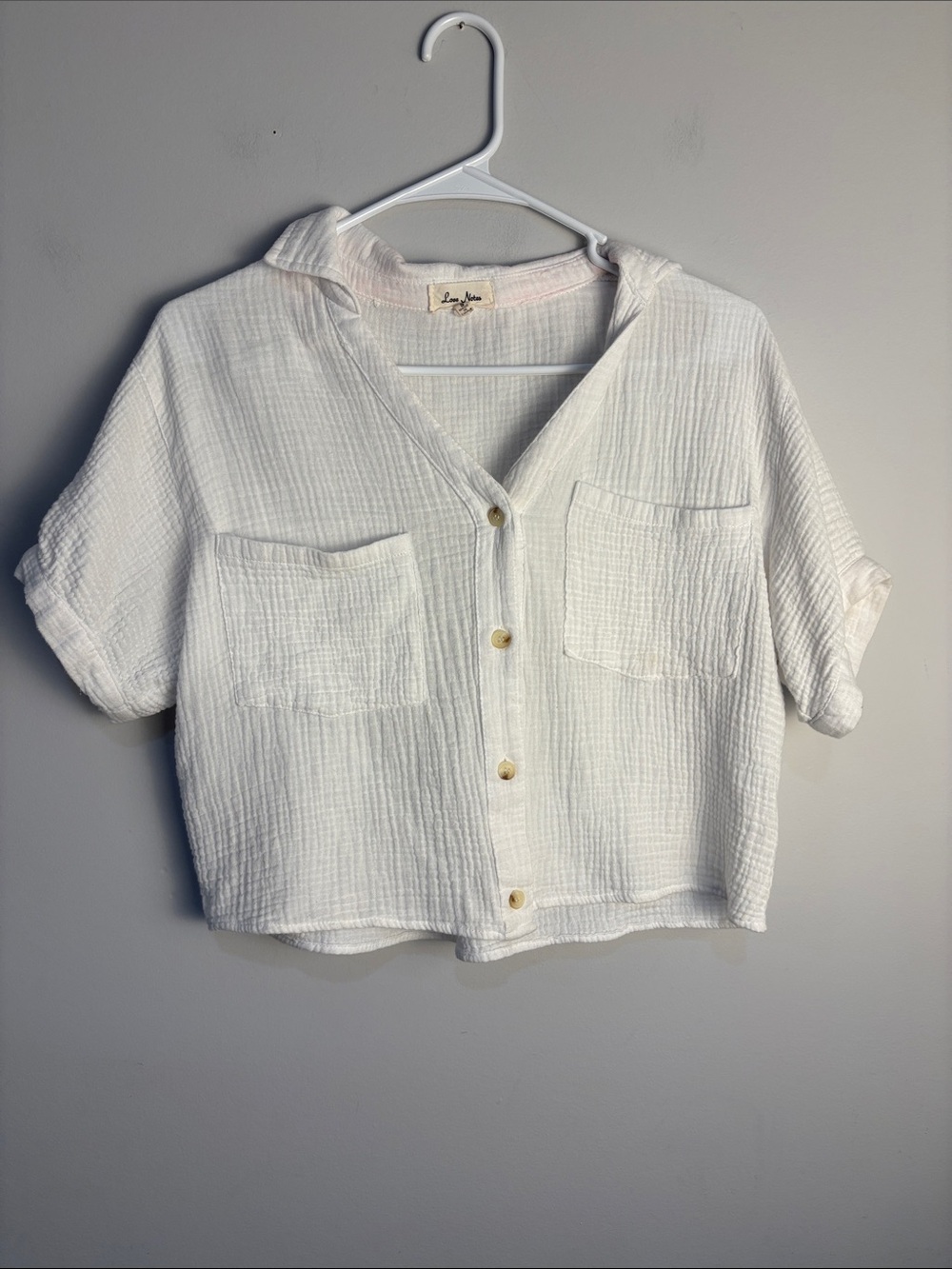Love Notes White Gauze Button-Front Crop Shirt Small